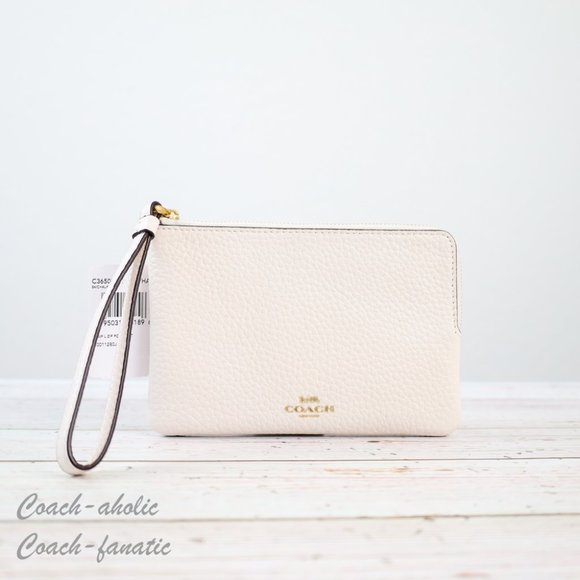 NWT Coach C3650G Pebble Leather Small Corner Zip Wristlet in Chalk - Picture 3 of 7